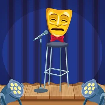 Tragedy theater mask microphone stool lights stand up comedy show Stock Illustration