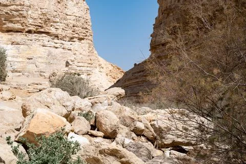 Trail head of the Canyon of Ein Avdat National Park, oasis in the Negev Deser Stock Photos