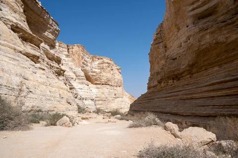 Trail head of the Canyon of Ein Avdat National Park, oasis in the Negev Deser Stock Photos