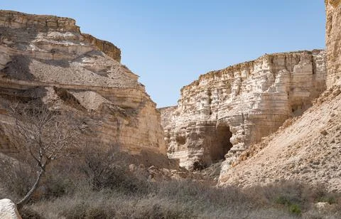 Trail head of the Canyon of Ein Avdat National Park, oasis in the Negev Deser Stock Photos