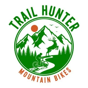 Trail Hunter Mountain Bikes logo with green and orange colors and mountain Stock Illustration