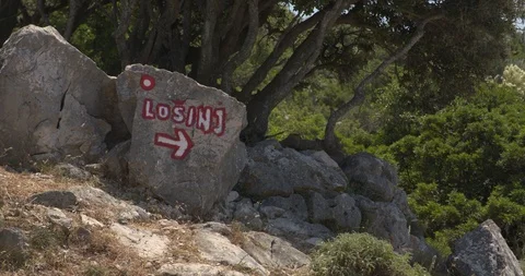 Trail marker "Losinj" on karst cliffs with Mediterranean vegetation Stock Footage 111899519