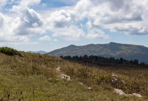 A trail on a mountain plateau located on the path of a tourist route with an Stock Photos