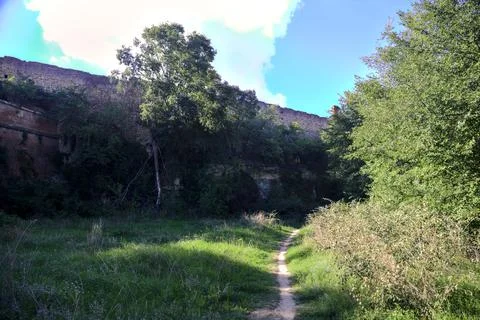 Trail in an open space between a fortification wall and the trees of a forest Stock Photos