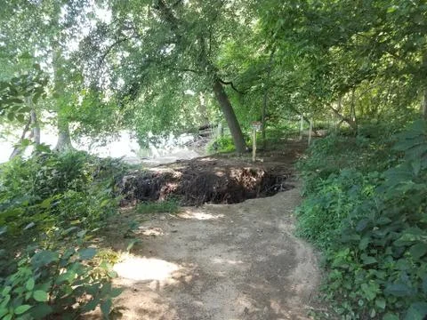 Trail or path in forest with large hole and caution sign Stock Photos