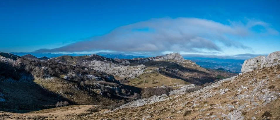 Trail path view from Gorbea hillside - 21:9 panoramic Stock Photos