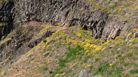 Trail from Pico do Areeiro to Pico Ruivo, mountains of Madeira, Portugal Stock Footage 32593924