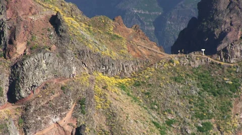 Trail from Pico do Areeiro to Pico Ruivo, mountains of Madeira, Portugal Stock Footage 32594032