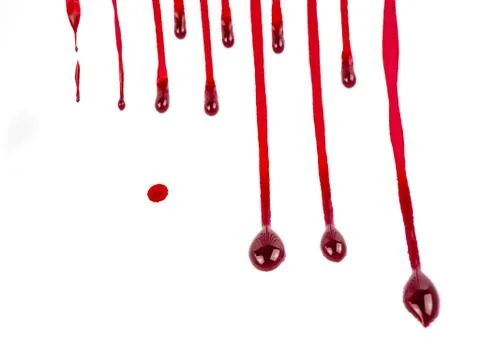 Trail of Red paint dripped down on white background, blood and danger concept Stock Photos