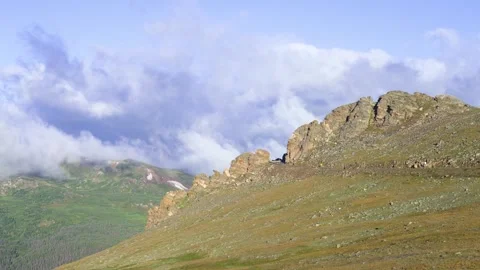 Trail Ridge Road in Clouds 01 | Rock Cut Curve | Rocky Mountain National Park Stock Footage 293631181