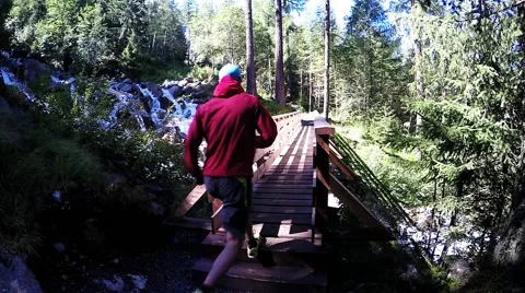 Trail runner in the alpine forest through the wood bridge. 스톡 동영상 53526590
