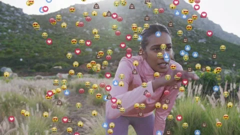 Trail runner pausing run on path causing social media reaction cloud circling Stock Footage 327064741