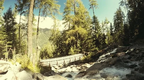 Trail runner runs on the bridge in valley near the rapid stream. slow motion Stock Footage 53877048