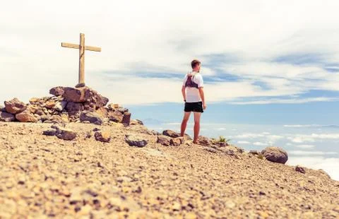 Trail runner summit, man running in mountains Stock Photos