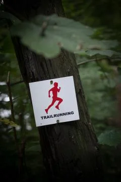 Trail running track mark on a tree Stock Photos