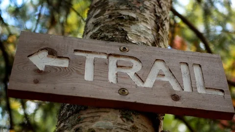 Trail sign attached to a tree with gorgeous autumn blurred background. Stock-Footage 122013431