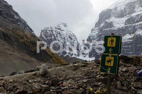 Trail sign that marks two paths, one path for hikers and another for ...