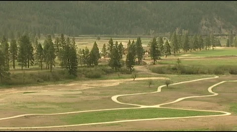Trail Snaking Through Field near Trees Stock Footage 105990155