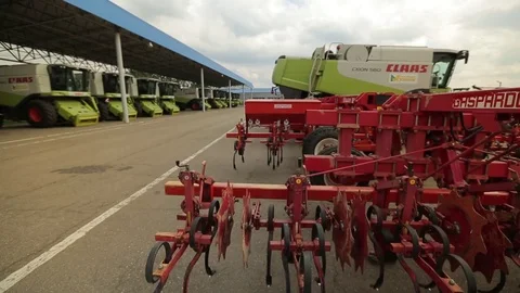The trailed plough with discs for harrows to harvesters Stock Footage 74306676