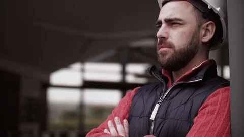 Trailer driver with hard hat and safety vest. Close up portrait of worker Stock Footage 111484522
