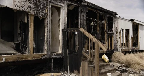 Trailer Home Back Burnt Out Wide Shot Stock Footage 89941686