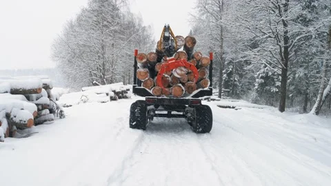 A trailer loaded with logs with a crane moves in reverse in a winter forest Stock Footage 169549024