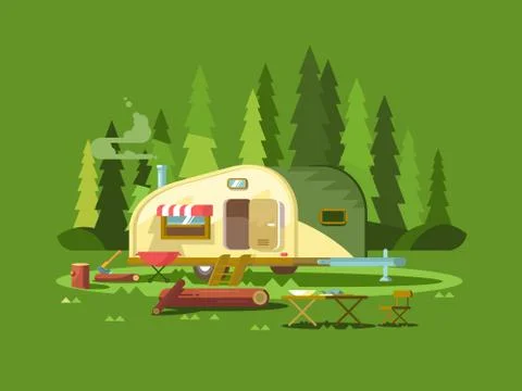 Trailer for travel in forest Illustrazione stock