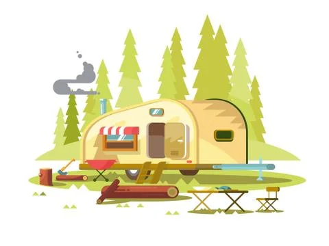 Trailer for travel in forest Stock Illustration