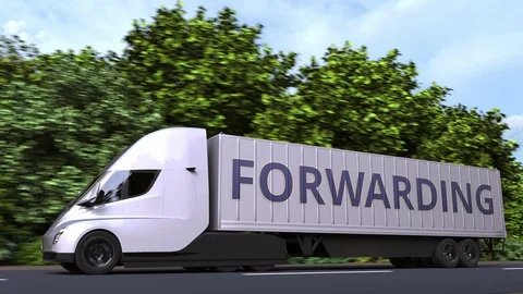 Trailer truck with FORWARDING text on the side. Loopable 3D animation Stock Footage 124648903