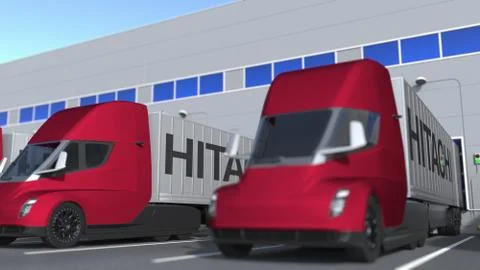 Trailer trucks with Hitachi logo being loaded or unloaded at warehouse Stock Illustration