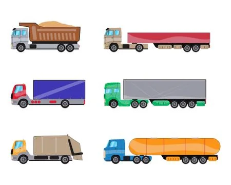 Trailer trucks side view icon set isolated on white. Commercial lorry truck with Stock Illustration