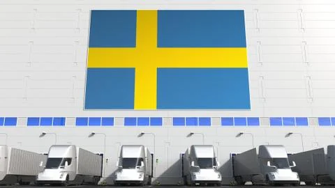 Trailer trucks at warehouse loading bay with flag of SWEDEN. Swedish logistics Stock Illustration