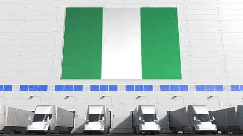 Trailer trucks at warehouse loading bay with flag of NIGERIA. Nigerian logistics Stock Illustration