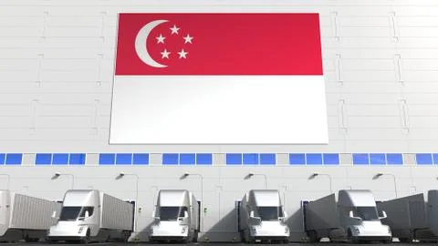 Trailer trucks at warehouse loading bay with flag of SINGAPORE. Singaporean Stock Illustration