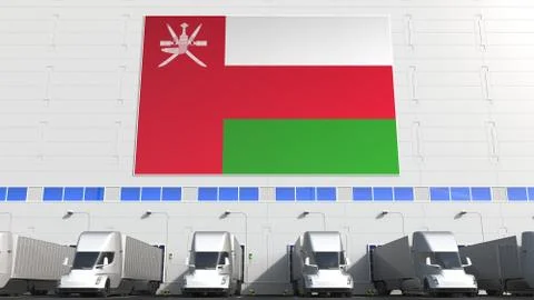 Trailer trucks at warehouse loading bay with flag of OMAN. Omani logistics Stock Illustration