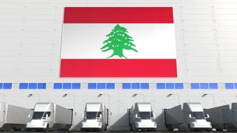 Trailer trucks at warehouse loading bay with flag of LEBANON. Lebanese logistics Stock Illustration