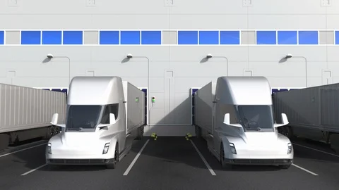 Trailer trucks at warehouse loading dock with STORAGE SOLUTION text. 3D Stock Footage 125257525