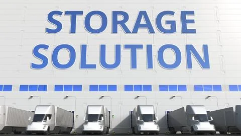 Trailer trucks at warehouse loading dock with STORAGE SOLUTION text. 3D Stock Illustration