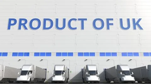 Trailer trucks at warehouse loading dock with PRODUCT OF UK text. British Stock Illustration