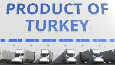 Trailer trucks at warehouse loading dock with PRODUCT OF TURKEY text. Turkish Stock Illustration