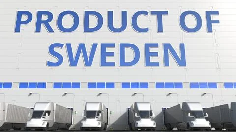 Trailer trucks at warehouse loading dock with PRODUCT OF SWEDEN text. Swedish Stock Illustration