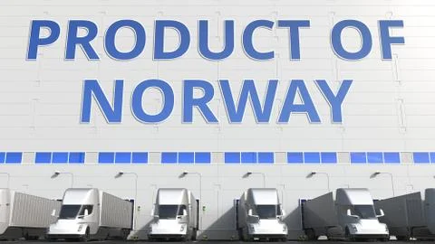 Trailer trucks at warehouse loading dock with PRODUCT OF NORWAY text. Norwegian Stock Illustration
