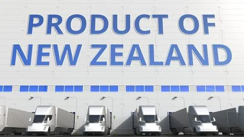 Trailer trucks at warehouse loading dock with PRODUCT OF NEW ZEALAND text Stock Illustration