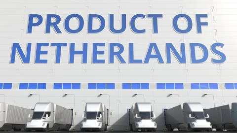 Trailer trucks at warehouse loading dock with PRODUCT OF NETHERLANDS text. Dutch Stock Illustration