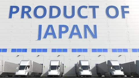 Trailer trucks at warehouse loading dock with PRODUCT OF JAPAN text. Japanese Stock Illustration