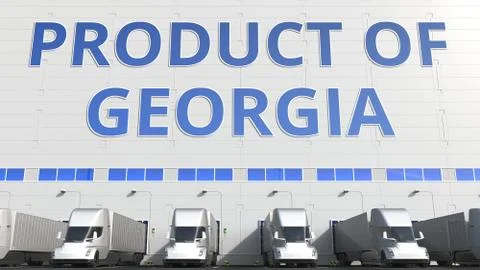 Trailer trucks at warehouse loading dock with PRODUCT OF GEORGIA text. Georgian Stock Illustration