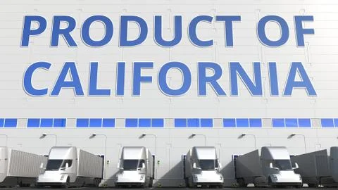Trailer trucks at warehouse loading dock with PRODUCT OF CALIFORNIA text Stock Illustration