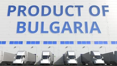 Trailer trucks at warehouse loading dock with PRODUCT OF BULGARIA text Stock Illustration