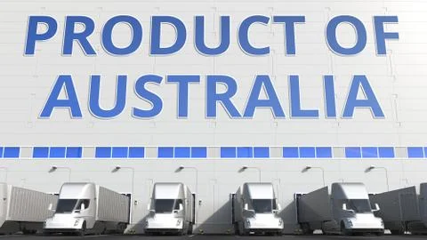 Trailer trucks at warehouse loading dock with PRODUCT OF AUSTRALIA text Ilustración de archivo