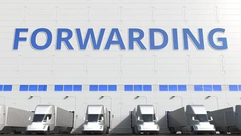 Trailer trucks at warehouse loading dock with FORWARDING text. 3D rendering Stock Illustration